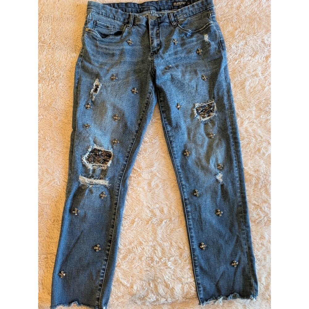 Blank NYC Distressed Embellished Beaded Blue Girlfriend Crop Jeans‎